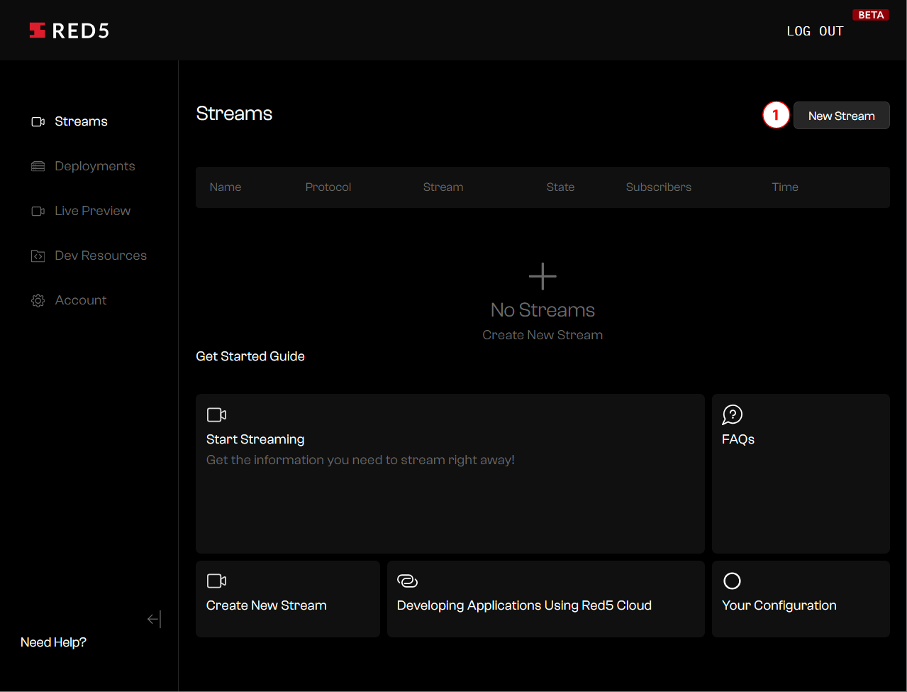 Red5 Cloud Streams Dashboard